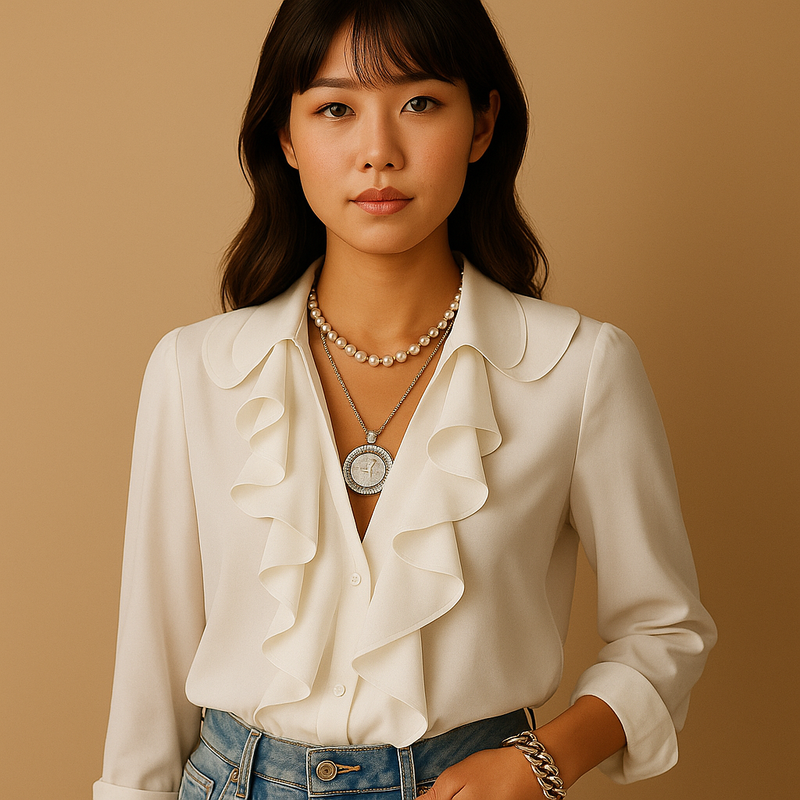 蝶柄とフリル付きの女性用ブラウス。長袖で春夏秋の様々な場面に適したエレガントなアイテム。
