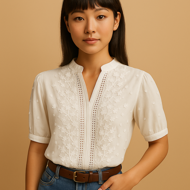 クラシックな襟とボタンデザインを備えた女性用ホワイトブラウス。通気性が高く、仕事にも日常にもぴったりの上品な一枚。