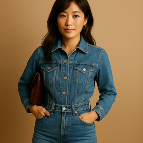 女性用デニムジャンプスーツ。長袖でストレートシルエットの快適な仕上がり。カジュアルな日常スタイルにぴったりの一着。