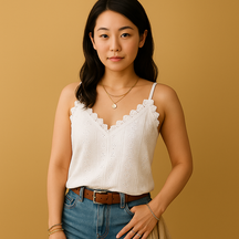 レース装飾とVネックが魅力の女性用キャミトップ。通気性に優れたデザインで一枚でもインナーでも活躍。
