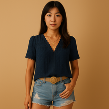 繊細なレースとVネックが特徴の女性用ブラウス。ビジネスや外出、特別なイベントにぴったりなエレガントなトップス。