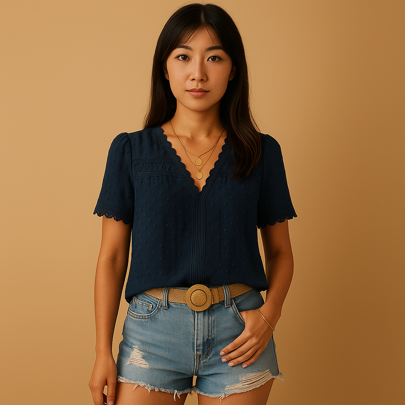 繊細なレースとVネックが特徴の女性用ブラウス。ビジネスや外出、特別なイベントにぴったりなエレガントなトップス。