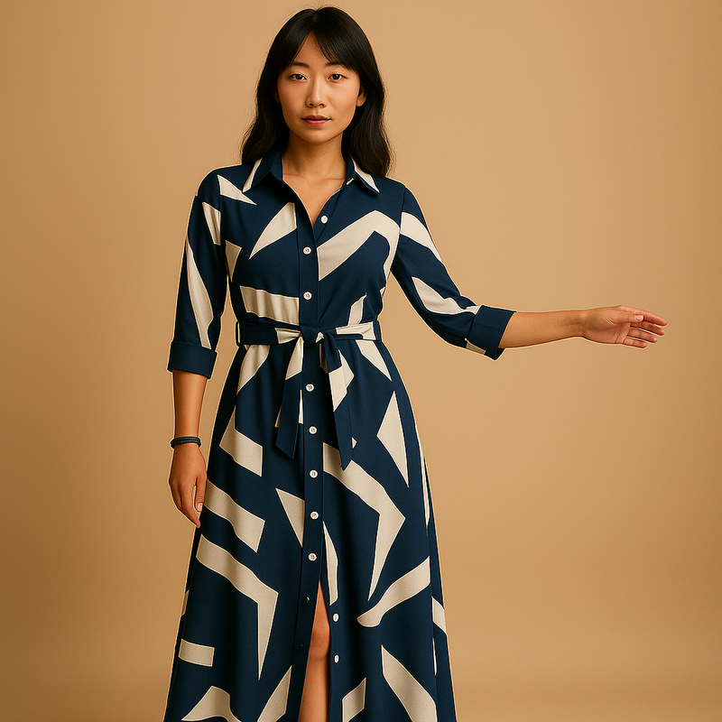 通気性のある素材で仕立てられたロング丈サマードレス。ゆったりとした着心地で、夏のお出かけに最適な一着。