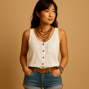 ノースリーブで軽やかなVネックのサマートップス女性用。ポケット付きで夏のデイリースタイルに最適なカジュアルウェア。