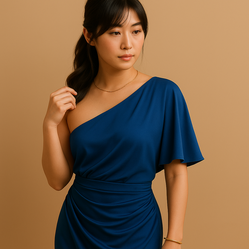 スリムなフィット感とタイムレスなデザインが魅力のエレガントドレス。女性らしさを引き立てる一着。